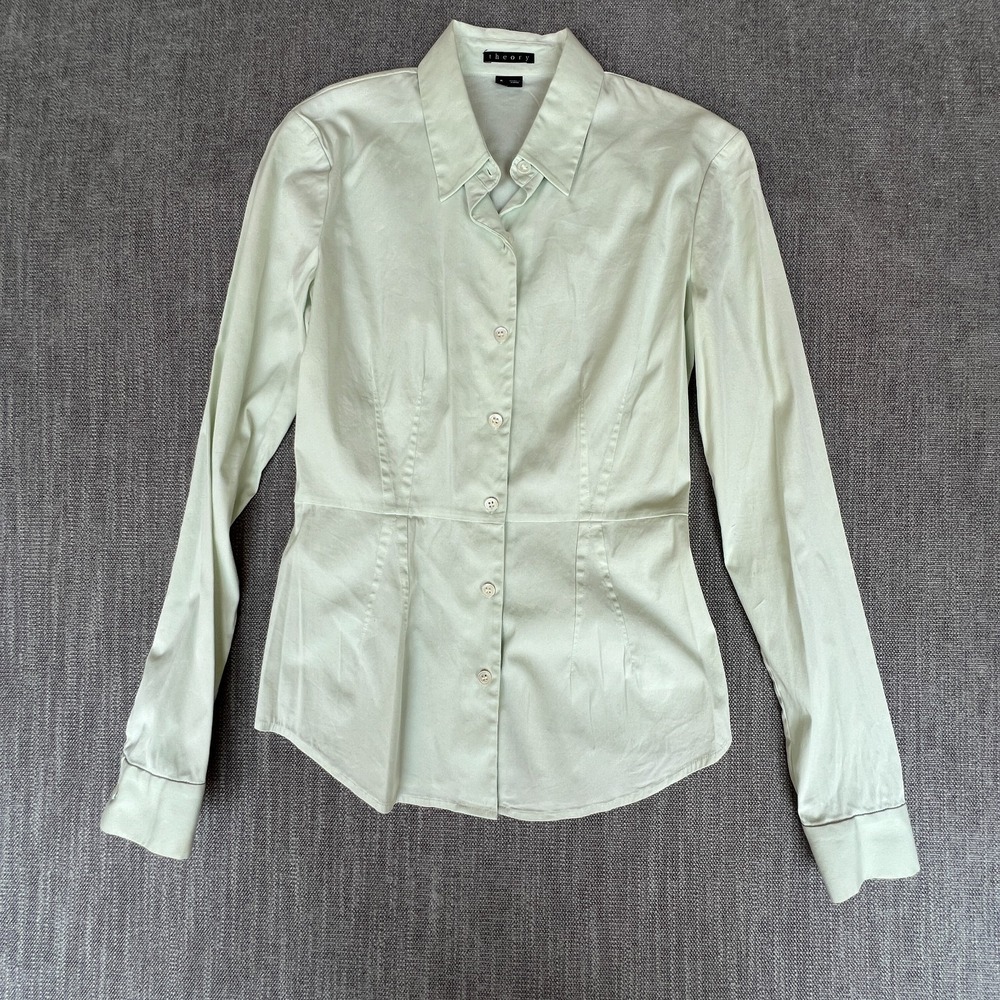Theory Peplum Top Womens P Mint Green Long Sleeve Minimalist Career Button Up